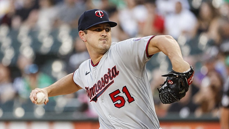 Sep 3, 2022; Chicago, Illinois, USA; Minnesota Twins starting pitcher Tyler Mahle (51) delivers against the Chicago White Sox during the first inning at Guaranteed Rate Field. Mandatory Credit: Kamil Krzaczynski-USA TODAY Sports