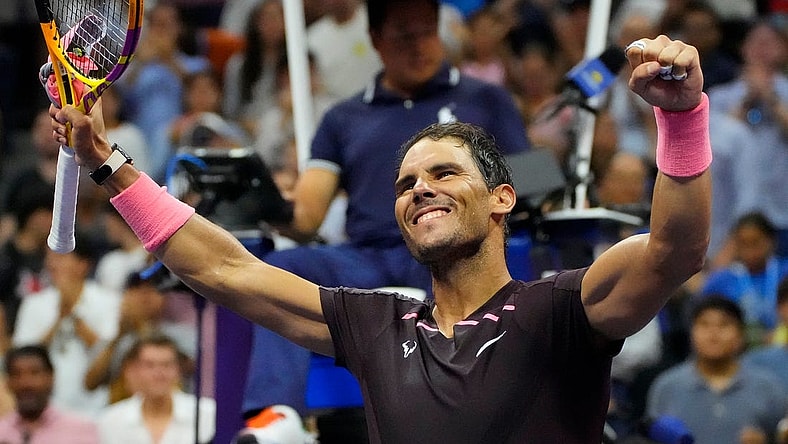 Sept 3, 2022; Flushing, NY, USA; Rafael Nadal of Spain reacts after beating Richard Gasquet of France on day six of the 2022 U.S. Open tennis tournament at USTA Billie Jean King National Tennis Center. Mandatory Credit: Robert Deutsch-USA TODAY Sports