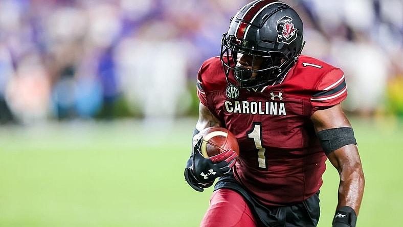 Sep 3, 2022; Columbia, South Carolina, USA; South Carolina Gamecocks running back MarShawn Lloyd (1) rushes for a touchdown against the Georgia State Panthers in the second half at Williams-Brice Stadium. Mandatory Credit: Jeff Blake-USA TODAY Sports