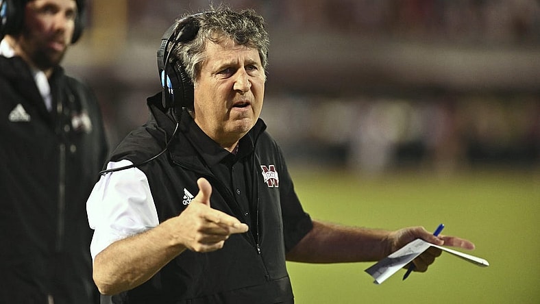 Sep 3, 2022; Starkville, Mississippi, USA; Mississippi State Bulldogs head coach Mike Leach reacts after a play against the Memphis Tigers during the fourth quarter at Davis Wade Stadium at Scott Field. Mandatory Credit: Matt Bush-USA TODAY Sports