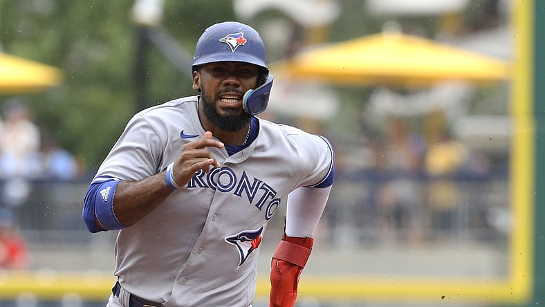 Sep 4, 2022; Pittsburgh, Pennsylvania, USA;  Toronto Blue Jays Toronto Blue Jays right fielder Teoscar Hernandez (37) runs from first base to third base against the Pittsburgh Pirates during the seventh inning at PNC Park. Mandatory Credit: Charles LeClaire-USA TODAY Sports