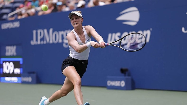 Sep 4, 2022; Flushing, NY, USA; Alison Riske-Amritraj (USA) reaches for a backhand against Caroline Garcia (FRA) (not pictured) on day seven of the 2022 U.S. Open tennis tournament at USTA Billie Jean King Tennis Center. Mandatory Credit: Geoff Burke-USA TODAY Sports