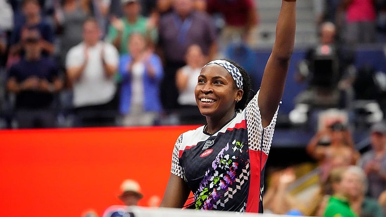 Sept 4, 2022; Flushing, NY, USA; Coco Gauff of the USA after beating Shuai Zhang of China on day seven of the 2022 U.S. Open tennis tournament at USTA Billie Jean King National Tennis Center. Mandatory Credit: Robert Deutsch-USA TODAY Sports