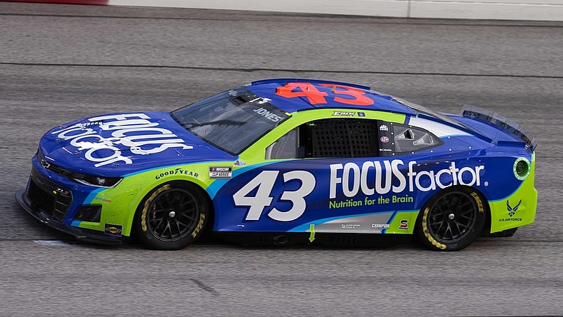 Sep 4, 2022; Darlington, South Carolina, USA; Erik Jones, driver of the (43) FOCUS Factor Chevrolet, races early in stage one during the COOK OUT Southern 500 at Darlington Raceway. Mandatory Credit: David Yeazell-USA TODAY Sports