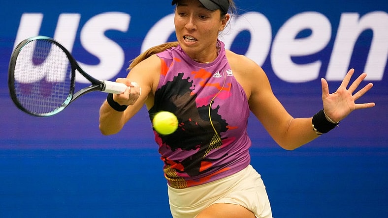 Sept 5, 2022; Flushing, NY, USA; Jessica Pegula of the USA hits to Petra Kvitova of the Czech Republic on day eight of the 2022 U.S. Open tennis tournament at USTA Billie Jean King National Tennis Center. Mandatory Credit: Robert Deutsch-USA TODAY Sports