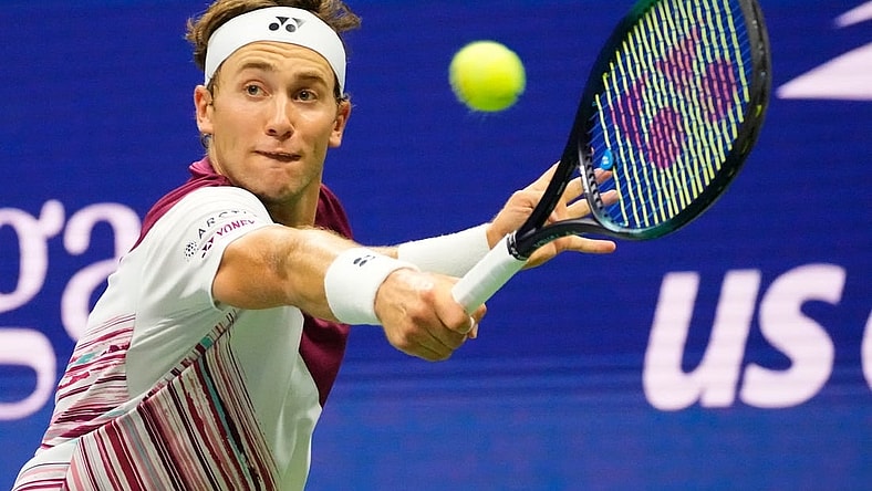 Sept 6, 2022; Flushing, NY, USA; Casper Ruud of Norway hits to Matteo Berrettini of Italy on day nine of the 2022 U.S. Open tennis tournament at USTA Billie Jean King National Tennis Center. Mandatory Credit: Robert Deutsch-USA TODAY Sports