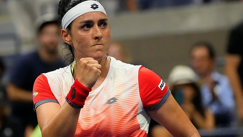 Sept 6, 2022; Flushing, NY, USA; Ons Jabeur of Tunesia celebrates match point against Ajla Tomljanovic of Australia on day nine of the 2022 U.S. Open tennis tournament at USTA Billie Jean King National Tennis Center. Mandatory Credit: Robert Deutsch-USA TODAY Sports