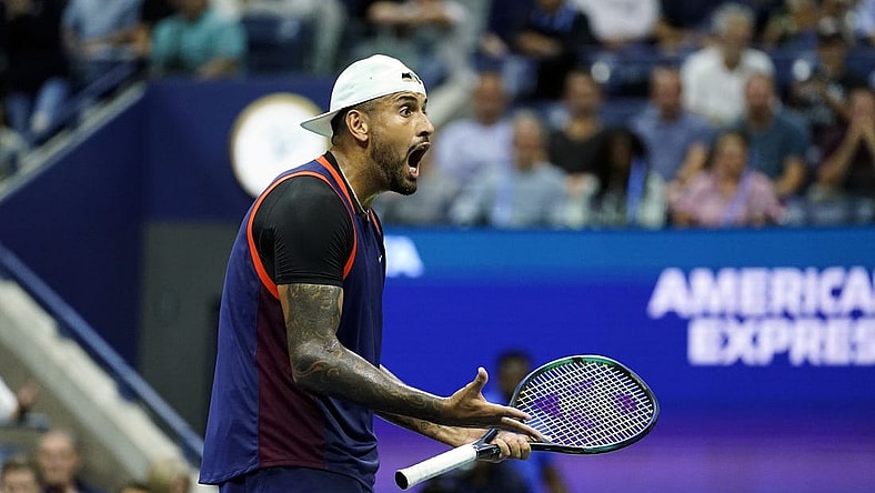 Sep 6, 2022; Flushing, NY, USA; Nick Kyrgios of Australia yells to his player's box after losing a game in the third set to Karen Khachanov (not pictured) on day nine of the 2022 U.S. Open tennis tournament at USTA Billie Jean King Tennis Center. Mandatory Credit: Danielle Parhizkaran-USA TODAY Sports
