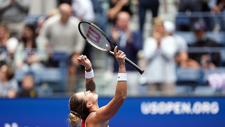 Sep 7, 2022; Flushing, NY, USA; Aryna Sabalenka defeats Karolina Pliskova of the Czech Republic on day ten of the 2022 U.S. Open tennis tournament at USTA Billie Jean King Tennis Center. Mandatory Credit: Danielle Parhizkaran-USA TODAY Sports