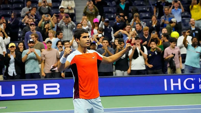 Sept 7, 2022; Flushing, NY, USA;  Carlos Alcaraz of Spain after beating Jannik Sinner of Italy on day ten of the 2022 U.S. Open tennis tournament at USTA Billie Jean King National Tennis Center. Mandatory Credit: Robert Deutsch-USA TODAY Sports