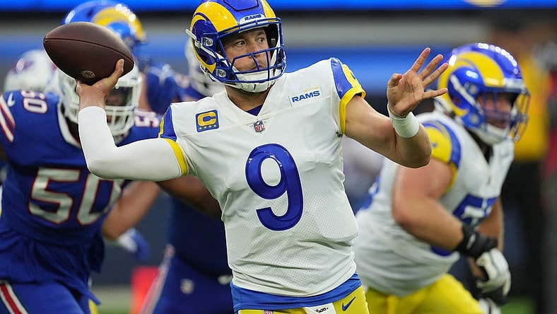 Sep 8, 2022; Inglewood, California, USA; Los Angeles Rams quarterback Matthew Stafford (9) throws the ball in the first quarter against the Buffalo Bills at SoFi Stadium. Mandatory Credit: Kirby Lee-USA TODAY Sports