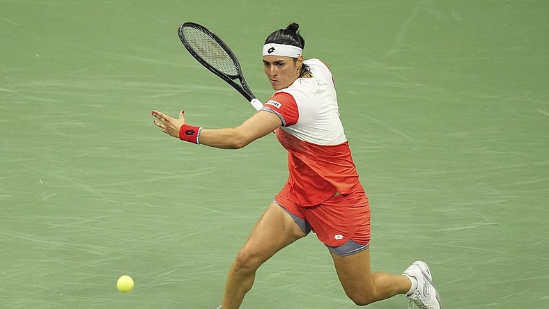 Sep 8, 2022; Flushing, NY, USA; Ons Jabeur (TUN) hits a forehand against Caroline Garcia (FRA) (not pictured) on day eleven of the 2022 U.S. Open tennis tournament at USTA Billie Jean King Tennis Center. Mandatory Credit: Danielle Parhizkaran-USA TODAY Sports