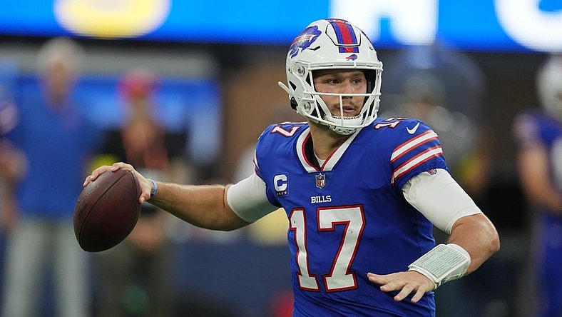 Sep 8, 2022; Inglewood, California, USA; Buffalo Bills quarterback Josh Allen (17) looks to throw the ball in the second quarter against the Los Angeles Rams at SoFi Stadium. Mandatory Credit: Kirby Lee-USA TODAY Sports