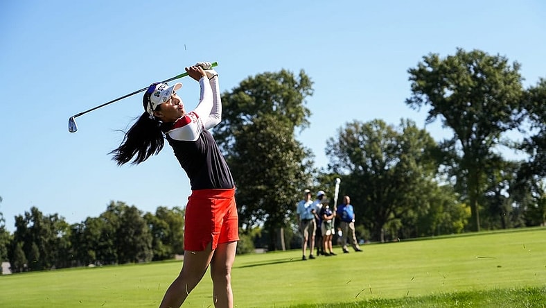 Atthaya Thitikul swings on hole No. 17 at the 2022 Kroger Queen City Championship golf tournament on Friday September 9, 2022 at the Kenwood Country Club in Madeira, Ohio.