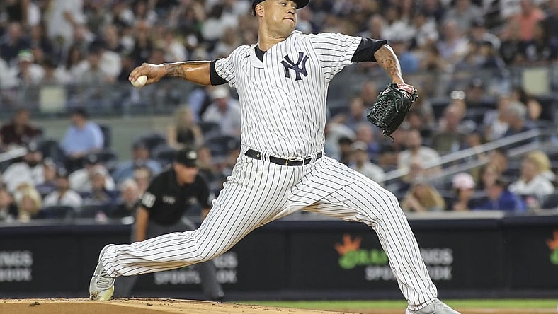 Sep 9, 2022; Bronx, New York, USA;  New York Yankees starting pitcher Frankie Montas (47) pitches in the first inning against the Tampa Bay Rays at Yankee Stadium. Mandatory Credit: Wendell Cruz-USA TODAY Sports