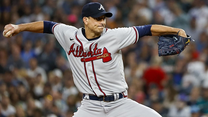 Sep 9, 2022; Seattle, Washington, USA; Atlanta Braves starting pitcher Charlie Morton (50) throws against the Seattle Mariners during the third inning at T-Mobile Park. Mandatory Credit: Joe Nicholson-USA TODAY Sports