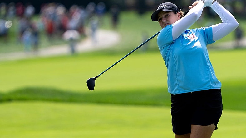 Ally Ewing hits an approach shot on hole two of the Kendale Course during the third round of the Kroger Queen City Championship presented by P&G at the Kenwood Country Club in Madeira on Saturday, Sept. 10, 2022.

Lpga Queen City Championship 824