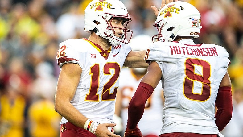 Iowa State quarterback Hunter Dekkers, left, celebrates with wide receiver Xavier Hutchinson during a NCAA football game against Iowa, Saturday, Sept. 10, 2022, at Kinnick Stadium in Iowa City, Iowa.

220910 Isu Iowa Fb 062 Jpg