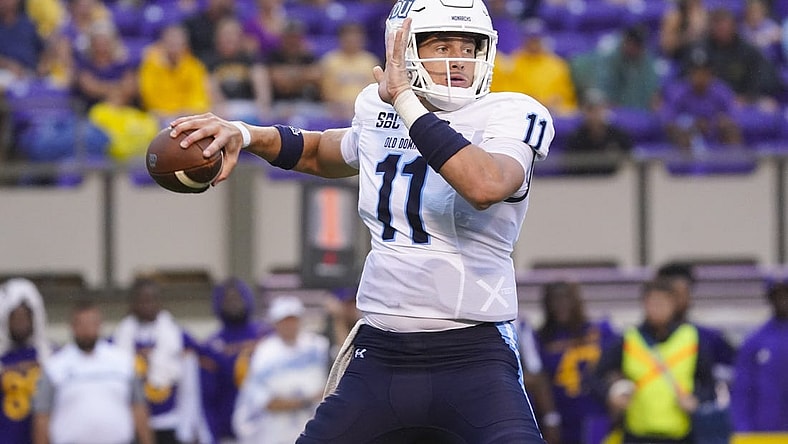 Sep 10, 2022; Greenville, North Carolina, USA;  Old Dominion Monarchs quarterback Hayden Wolff (11) throws the ball against the East Carolina Pirates during the first half at Dowdy-Ficklen Stadium. Mandatory Credit: James Guillory-USA TODAY Sports