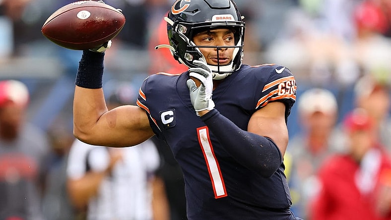 Sep 11, 2022; Chicago, Illinois, USA; Chicago Bears quarterback Justin Fields (1) drops back to pass against the San Francisco 49ers during the first half at Soldier Field. Mandatory Credit: Mike Dinovo-USA TODAY Sports