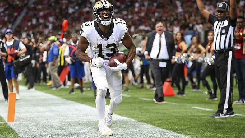 Sep 11, 2022; Atlanta, Georgia, USA; New Orleans Saints wide receiver Michael Thomas (13) celebrates after a touchdown against the Atlanta Falcons in the fourth quarter at Mercedes-Benz Stadium. Mandatory Credit: Brett Davis-USA TODAY Sports