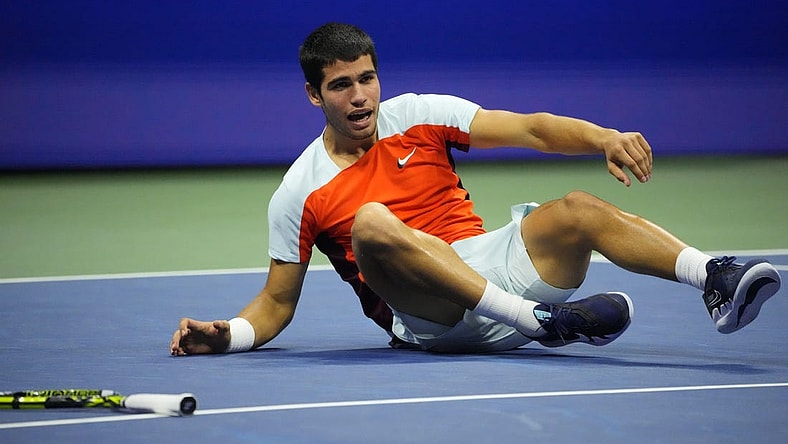 Sep 11, 2022; Flushing, NY, USA; Carlos Alcaraz (ESP) celebrates after match point against Casper Ruud (NOR) (not pictured) in the men's singles final on day fourteen of the 2022 U.S. Open tennis tournament at USTA Billie Jean King Tennis Center. Mandatory Credit: Robert Deutsch-USA TODAY Sports