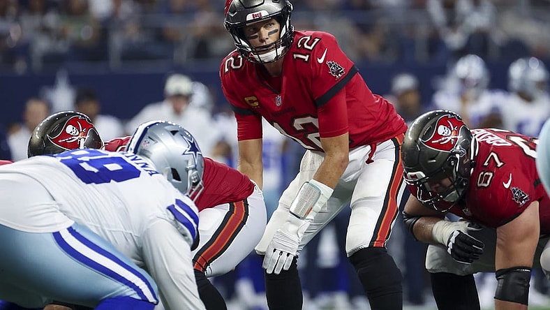 Sep 11, 2022; Arlington, Texas, USA;  Tampa Bay Buccaneers quarterback Tom Brady (12) in action during the game against the Dallas Cowboys at AT&T Stadium. Mandatory Credit: Kevin Jairaj-USA TODAY Sports