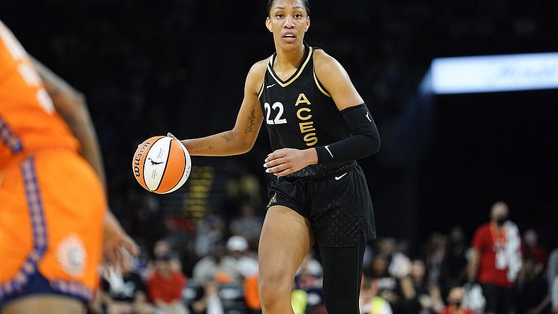 Sep 13, 2022; Las Vegas, Nevada, USA; Las Vegas Aces forward A'ja Wilson (22) controls the ball against the Connecticut Sun during the second quarter in game two of the 2022 WNBA Finals at Michelob Ultra Arena. Mandatory Credit: Lucas Peltier-USA TODAY Sports