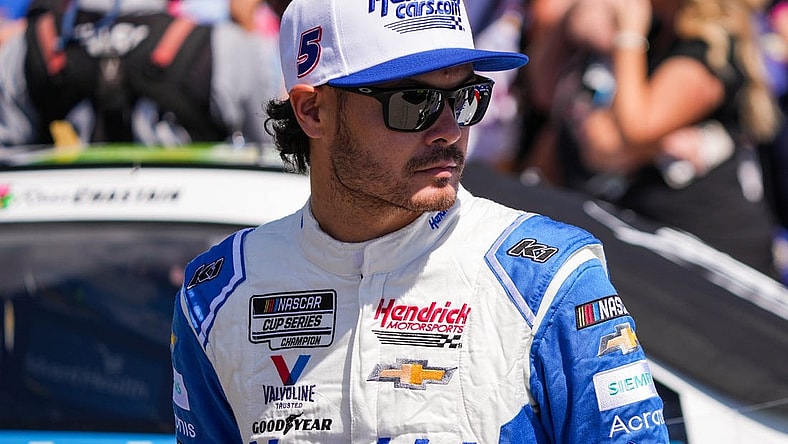 Sep 11, 2022; Kansas City, Kansas, USA; NASCAR Cup Series driver Kyle Larson (5) prior to the Hollywood Casino 400 at Kansas Speedway. Mandatory Credit: Jay Biggerstaff-USA TODAY Sports