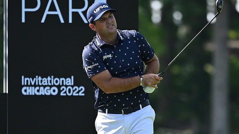 Sep 16, 2022; Chicago, Illinois, USA; Patrick Reed tees off from the 12th tee box during the first round of a LIV Golf tournament at Rich Harvest Farms. Mandatory Credit: Jamie Sabau-USA TODAY Sports