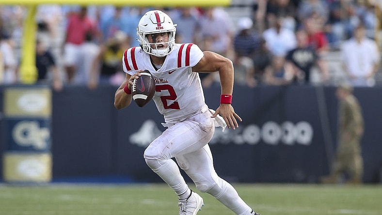 Sep 17, 2022; Atlanta, Georgia, USA; Mississippi Rebels quarterback Jaxson Dart (2) scrambles against the Georgia Tech Yellow Jackets in the second quarter at Bobby Dodd Stadium. Mandatory Credit: Brett Davis-USA TODAY Sports