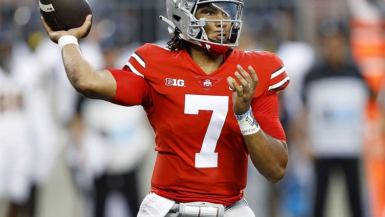 Sep 17, 2022; Columbus, Ohio, USA;  Ohio State Buckeyes quarterback C.J. Stroud (7) drops to throw during the first quarter against the Toledo Rockets at Ohio Stadium. Mandatory Credit: Joseph Maiorana-USA TODAY Sports