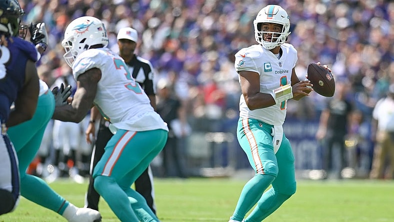 Sep 18, 2022; Baltimore, Maryland, USA; Miami Dolphins quarterback Tua Tagovailoa (1) looks to throw during the first half against the Baltimore Ravens at M&T Bank Stadium. Mandatory Credit: Tommy Gilligan-USA TODAY Sports