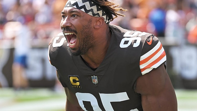Sep 18, 2022; Cleveland, Ohio, USA; Cleveland Browns defensive end Myles Garrett (95) enters the field before the game between the Browns and the New York Jets at FirstEnergy Stadium. Mandatory Credit: Ken Blaze-USA TODAY Sports