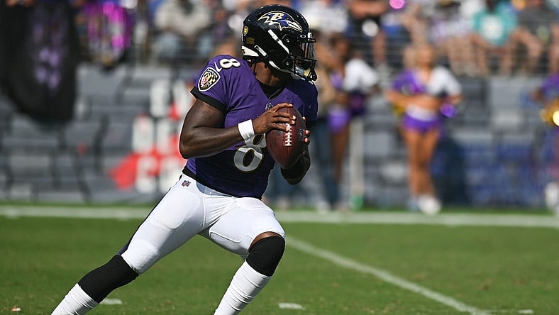 Sep 18, 2022; Baltimore, Maryland, USA;  Baltimore Ravens quarterback Lamar Jackson (8) looks to throw during the second half against the Miami Dolphins at M&T Bank Stadium. Mandatory Credit: Tommy Gilligan-USA TODAY Sports
