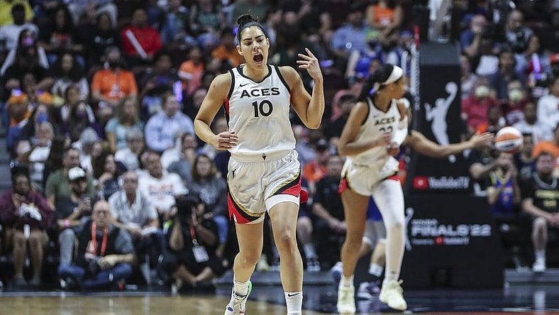 Sep 18, 2022; Uncasville, Connecticut, USA; Las Vegas Aces guard Kelsey Plum (10) celebrates after making a three point shot in the first half during game four of the 2022 WNBA Finals against the Connecticut Sun at Mohegan Sun Arena. Mandatory Credit: Wendell Cruz-USA TODAY Sports