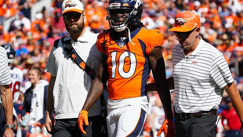 Sep 18, 2022; Denver, Colorado, USA; Denver Broncos wide receiver Jerry Jeudy (10) leaves the field in the first quarter against the Denver Broncos at Empower Field at Mile High. Mandatory Credit: Ron Chenoy-USA TODAY Sports