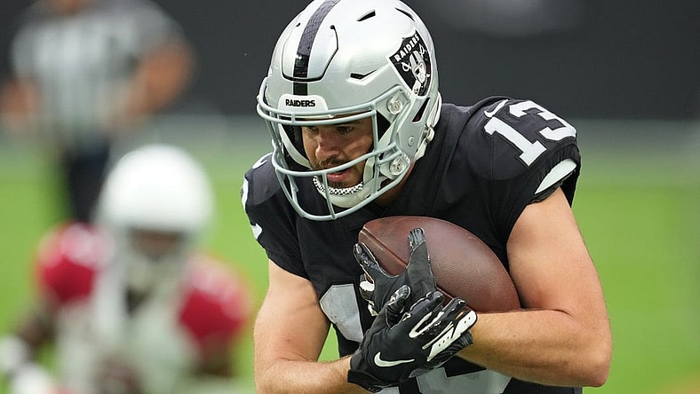Sep 18, 2022; Paradise, Nevada, USA;Las Vegas Raiders wide receiver Hunter Renfrow (13) makes a catch against the Arizona Cardinals during a game at Allegiant Stadium. Mandatory Credit: Stephen R. Sylvanie-USA TODAY Sports