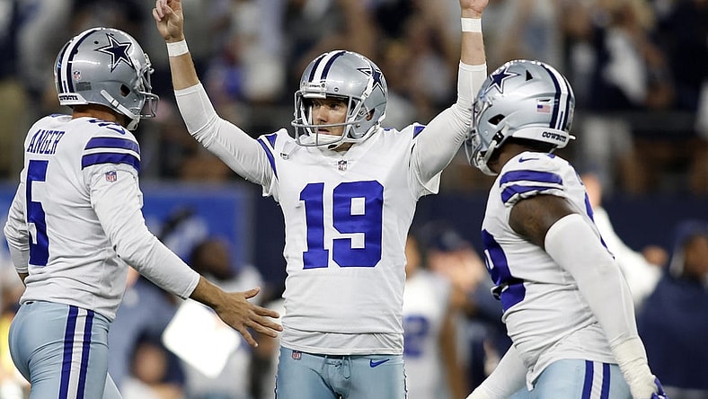 Sep 18, 2022; Arlington, Texas, USA;  Dallas Cowboys place kicker Brett Maher (19) and punter Bryan Anger (5) celebrate the game winning field goal at the end of the game against the Cincinnati Bengals at AT&T Stadium. Mandatory Credit: Tim Heitman-USA TODAY Sports