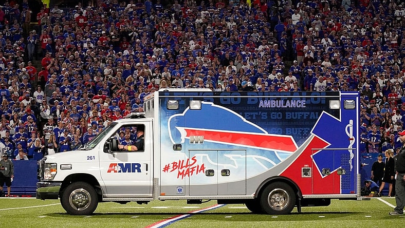 Buffalo Bills cornerback Dane Jackson (30) ileaves in an ambulance during the second quarter against the Titans at Highmark Stadium Monday, Sept. 19, 2022, in Orchard Park, New York.

Nfl Tennessee Titans At Buffalo Bills