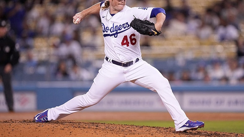 Sep 19, 2022; Los Angeles, California, USA; Los Angeles Dodgers relief pitcher Craig Kimbrel (46) throws in the ninth inning against the Arizona Diamondbacks at Dodger Stadium. Mandatory Credit: Kirby Lee-USA TODAY Sports
