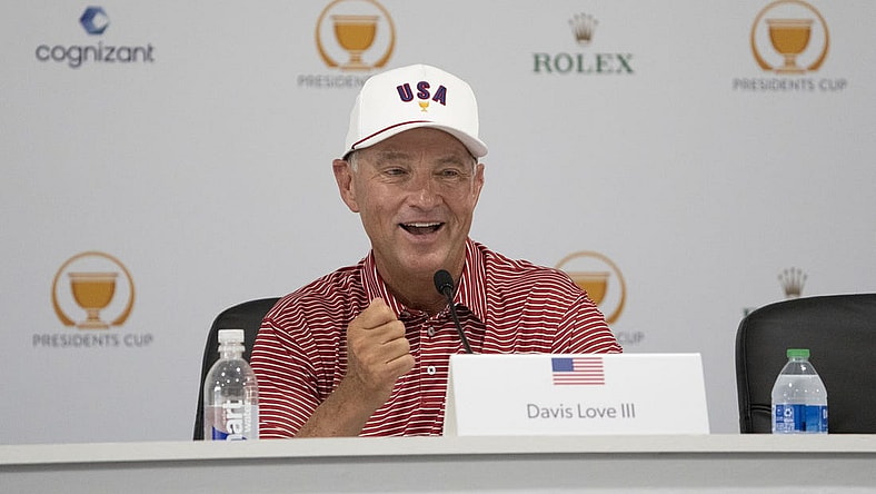 Sep 20, 2022; Charlotte, North Carolina, USA; Team USA captain Davis Love III smiles while addressing the media in a press conference during a practice day for the Presidents Cup golf tournament at Quail Hollow Club. Mandatory Credit: Kyle Terada-USA TODAY Sports