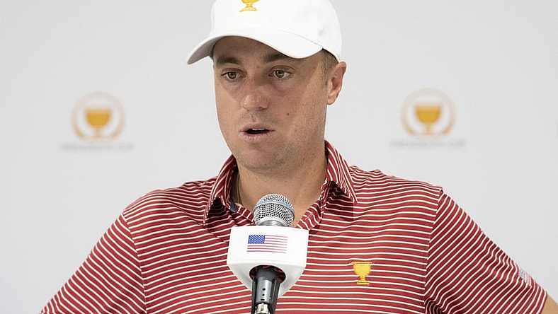 Sep 20, 2022; Charlotte, North Carolina, USA; Team USA golfer Justin Thomas addresses the media in a press conference during a practice day for the Presidents Cup golf tournament at Quail Hollow Club. Mandatory Credit: Kyle Terada-USA TODAY Sports