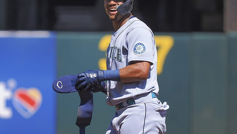 Sep 22, 2022; Oakland, California, USA; Seattle Mariners center fielder Julio Rodriguez (44) reacts after hitting a double against the Oakland Athletics during the first inning at RingCentral Coliseum. Mandatory Credit: Kelley L Cox-USA TODAY Sports