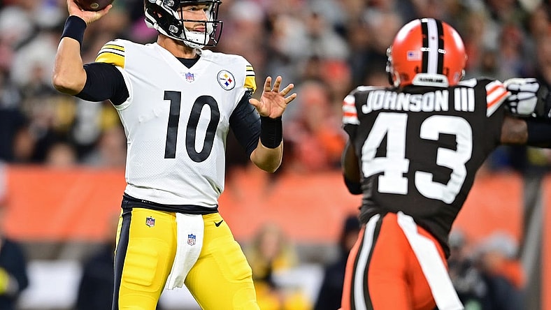 Sep 22, 2022; Cleveland, Ohio, USA; Pittsburgh Steelers quarterback Mitch Trubisky (10) throws a pass during the first quarter against the Cleveland Browns at FirstEnergy Stadium. Mandatory Credit: David Dermer-USA TODAY Sports
