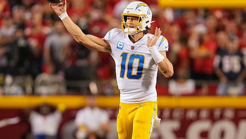 Sep 15, 2022; Kansas City, Missouri, USA; Los Angeles Chargers quarterback Justin Herbert (10) against the Kansas City Chiefs during the second half at GEHA Field at Arrowhead Stadium. Mandatory Credit: Jay Biggerstaff-USA TODAY Sports