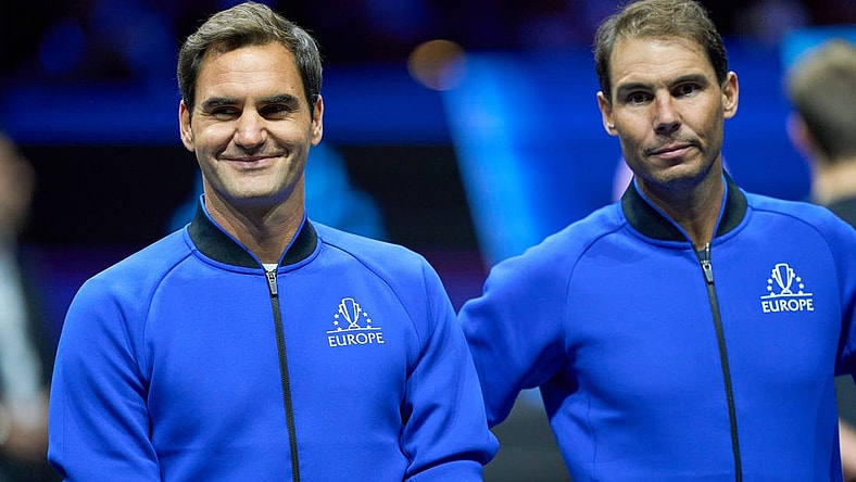 Sep 23, 2022; London, United Kingdom;  Roger Federer (SUI) and Rafael Nadal (ESP) of Team Europe  on court at the opening of the Laver Cup tennis event.  Mandatory Credit: Peter van den Berg-USA TODAY Sports
