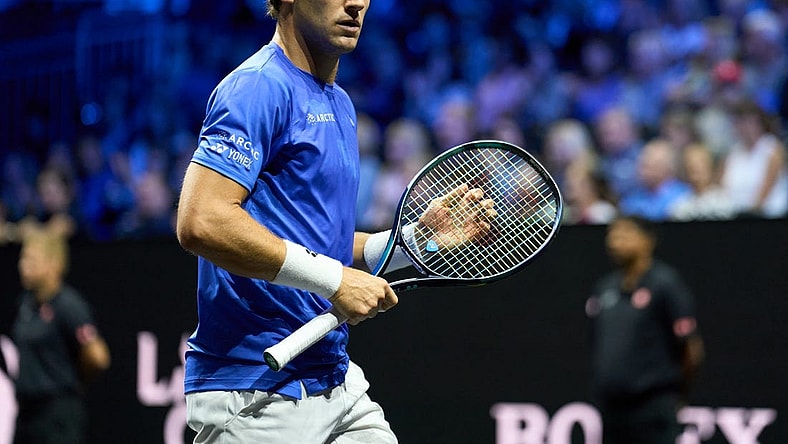 Sep 23, 2022; London, United Kingdom;  Casper Ruud (NOR) reacts to a point in his Laver Cup tennis match against Jack Sock (USA).  Mandatory Credit: Peter van den Berg-USA TODAY Sports