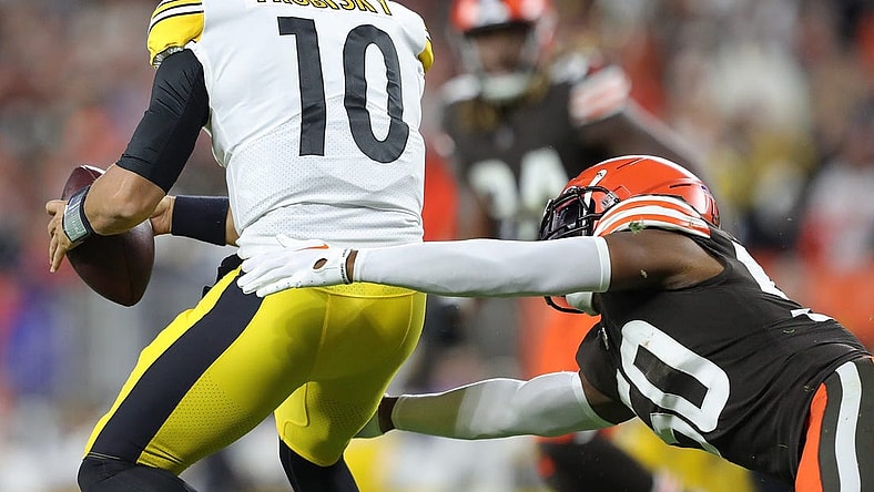 Steelers quarterback Mitch Trubisky is sacked by Browns linebacker Jacob Phillips during the second half Thursday, Sept. 22, 2022, in Cleveland.

Brownssteelers 14
