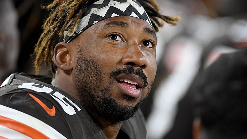 Sep 22, 2022; Cleveland, Ohio, USA; Cleveland Browns defensive end Myles Garrett (95) on the bench during a break in the action against the Pittsburgh Steelers at FirstEnergy Stadium. Mandatory Credit: Lon Horwedel-USA TODAY Sports